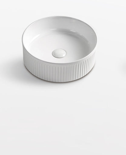 370 x 370 x 130 mm Round Gloss White Fluted Above Counter Ceramic Basin
