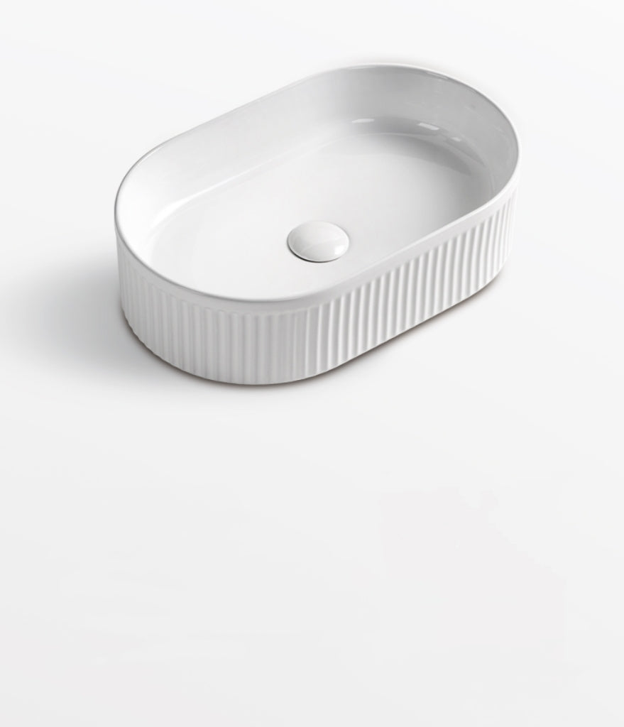 490 x 310 x 130 mm Oval Gloss White Fluted Above Counter Ceramic Basin