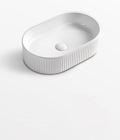 490 x 310 x 130 mm Oval Gloss White Fluted Above Counter Ceramic Basin