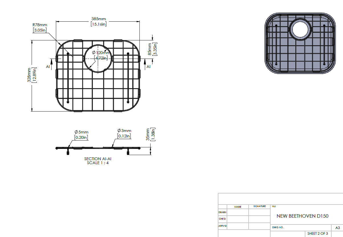 Stainless Steel Gold Sink Grid for Carysil New Beethoven D150