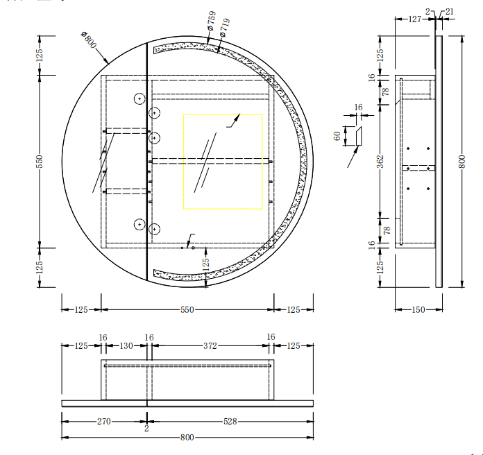 CARYSIL Orbit Series Round  800x800mm Walnut LED Shaving Cabinet