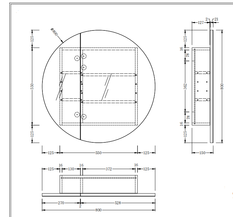CARYSIL Orbit Series Round  800x800mm Walnut Shaving Cabinet