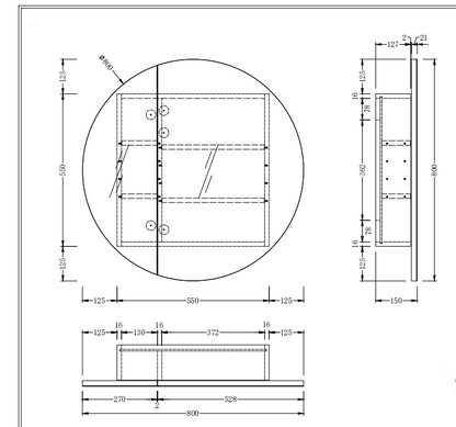 CARYSIL Orbit Series Round  800x800mm Walnut Shaving Cabinet