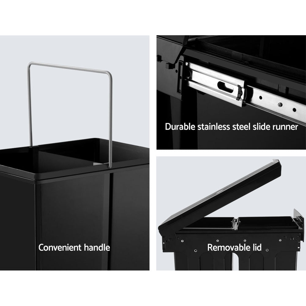 Pull Out Bin Kitchen Double Basket 2X15L Black