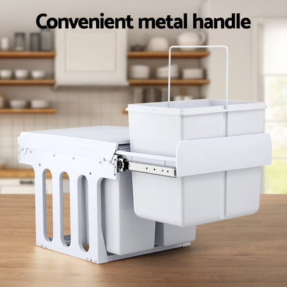 Pull Out Bin Kitchen Triple Slide Garbage Rubbish Bins Basket White 31L