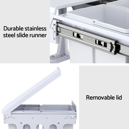 Pull Out Bin Kitchen Triple Slide Garbage Rubbish Bins Basket White 31L