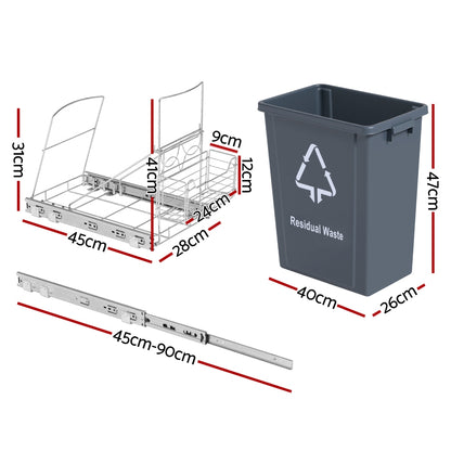 Pull Out Bin Kitchen Cabinet Slide Garbage Rubbish Bins Basket 40L Grey