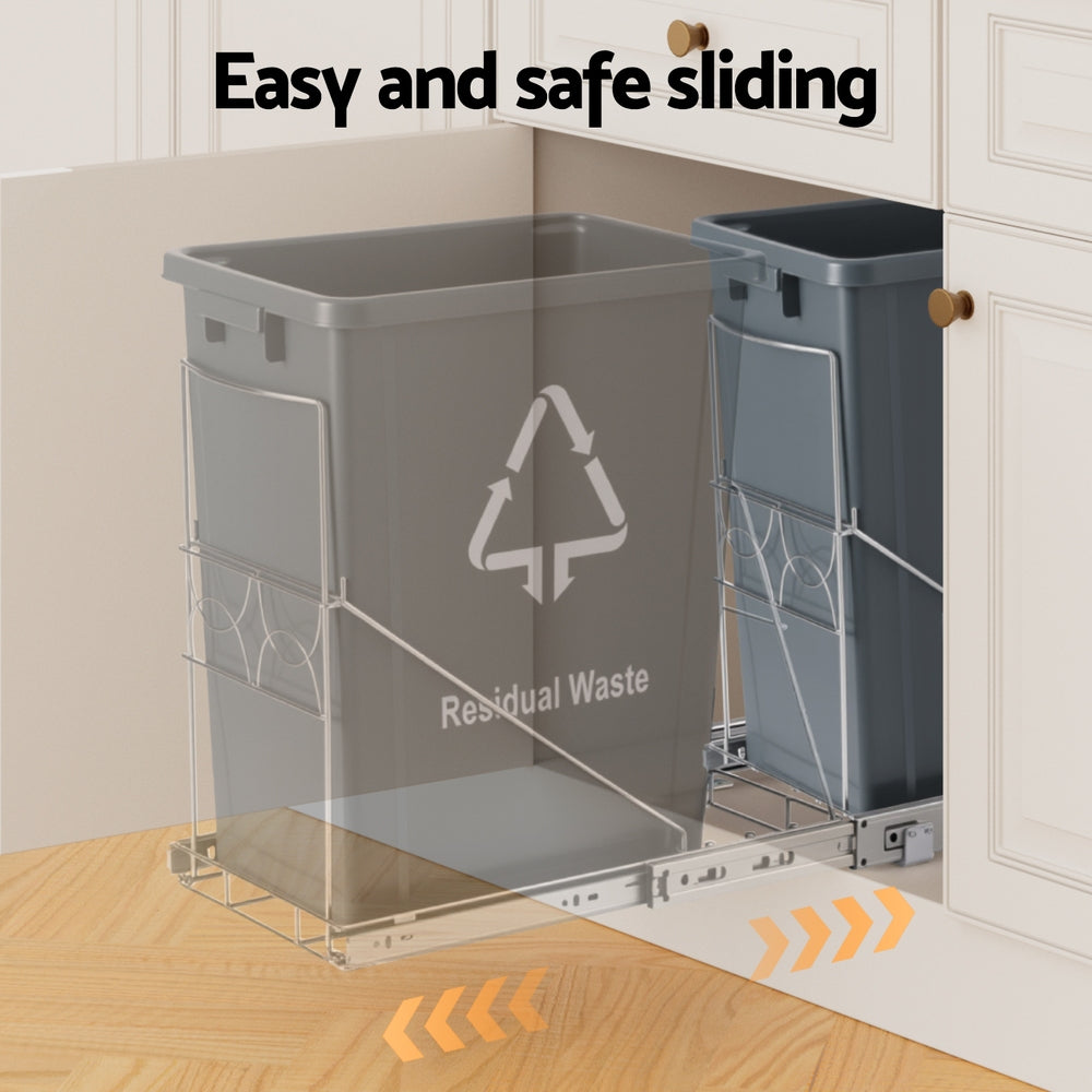 Pull Out Bin Kitchen Cabinet Slide Garbage Rubbish Bins Basket 40L Grey