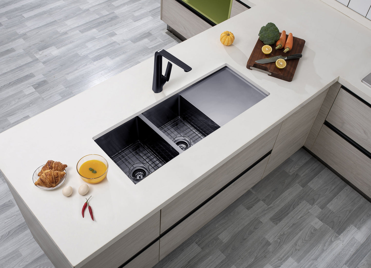 1160x460x230mm Gun Metal Grey 3mm Handmade Top/Undermount Double Bowls Kitchen Sink