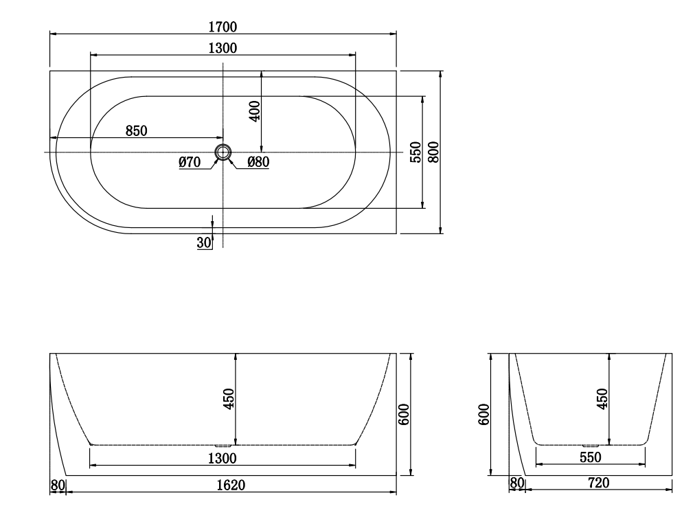 1700x800x600mm Right Corner bathtub Acrylic GLOSSY White Bathtub NO Overflow
