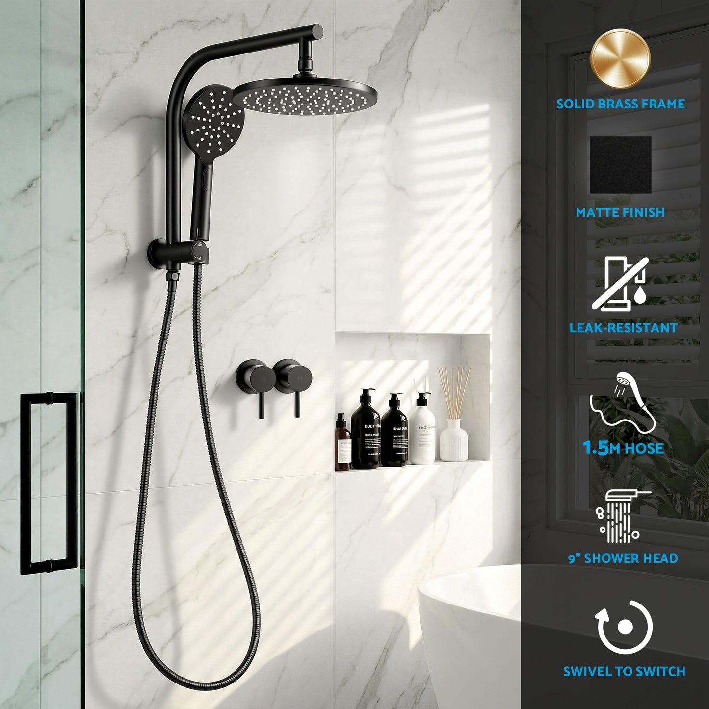 9'' Rain Shower Head Set Handheld Round High Pressure Twins Tap Chrome