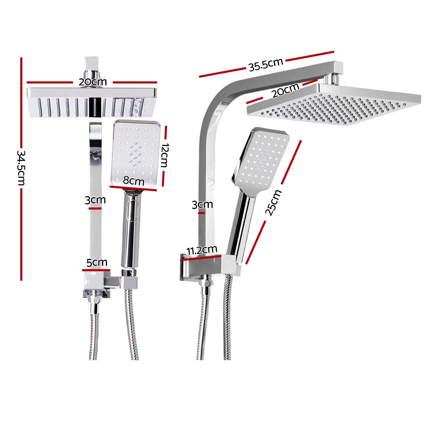 8'' Rain Shower Head Set Handheld Square High Pressure Chrome