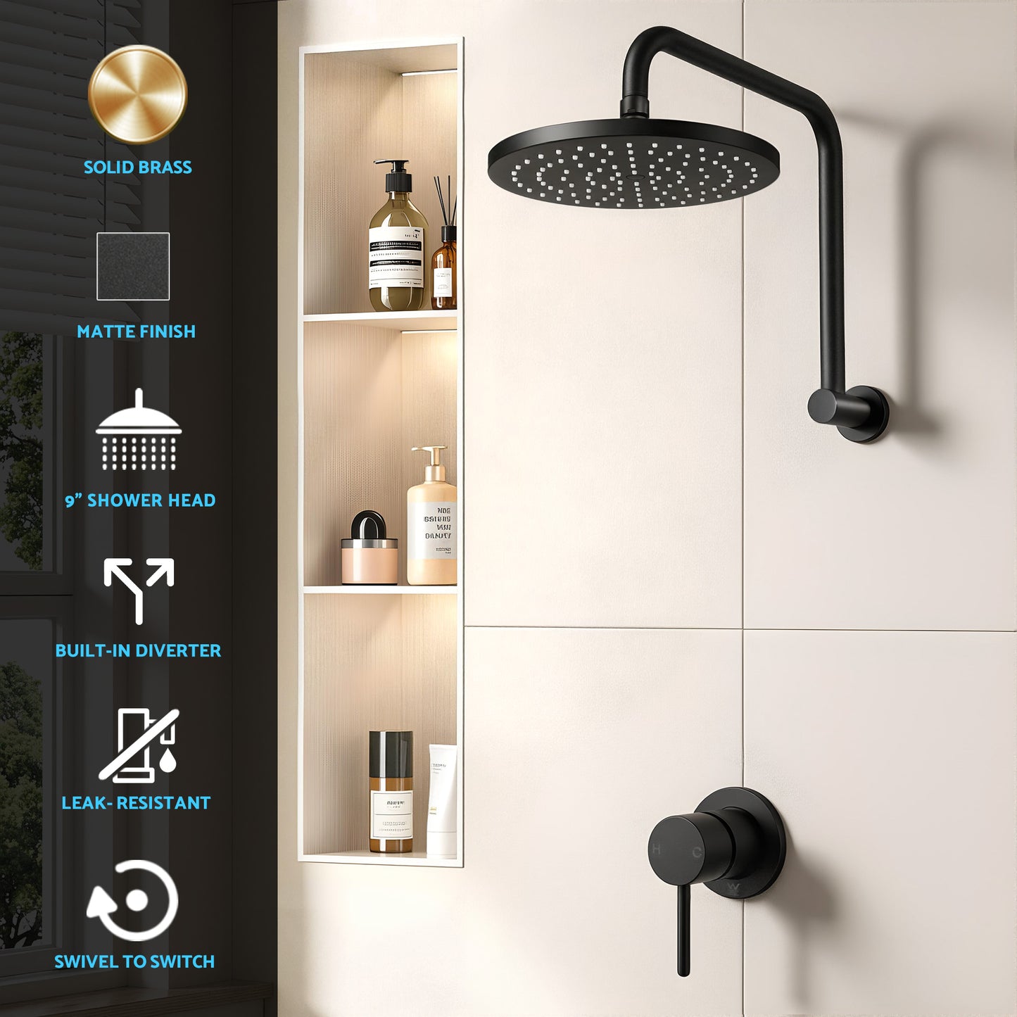 9'' Rain Overhead Swivel Shower Head with Wall Bathroom Mixer