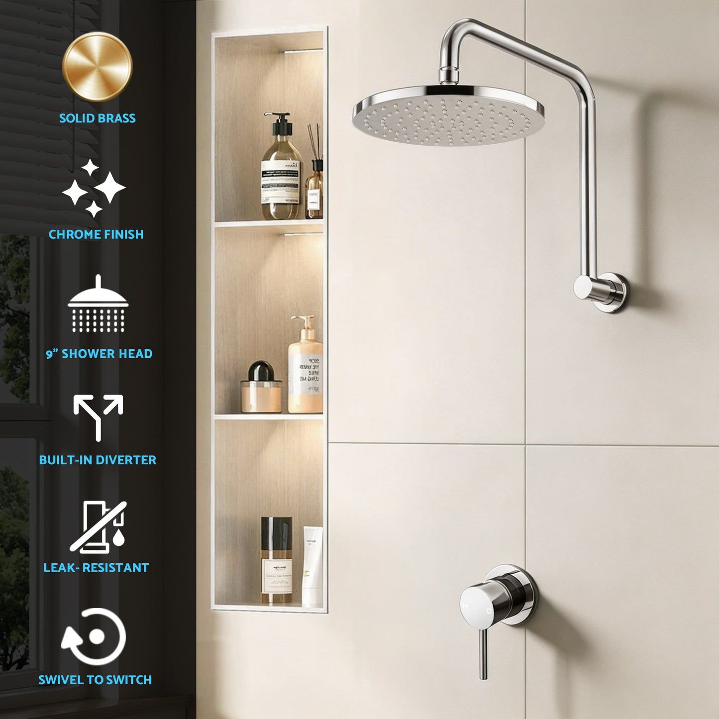 9'' Rain Overhead Swivel Shower Head with Wall Bathroom Mixer Silver