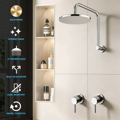 9'' Rain Overhead Swivel Shower Head with Wall Twin Swivel Bathroom Tap Silver