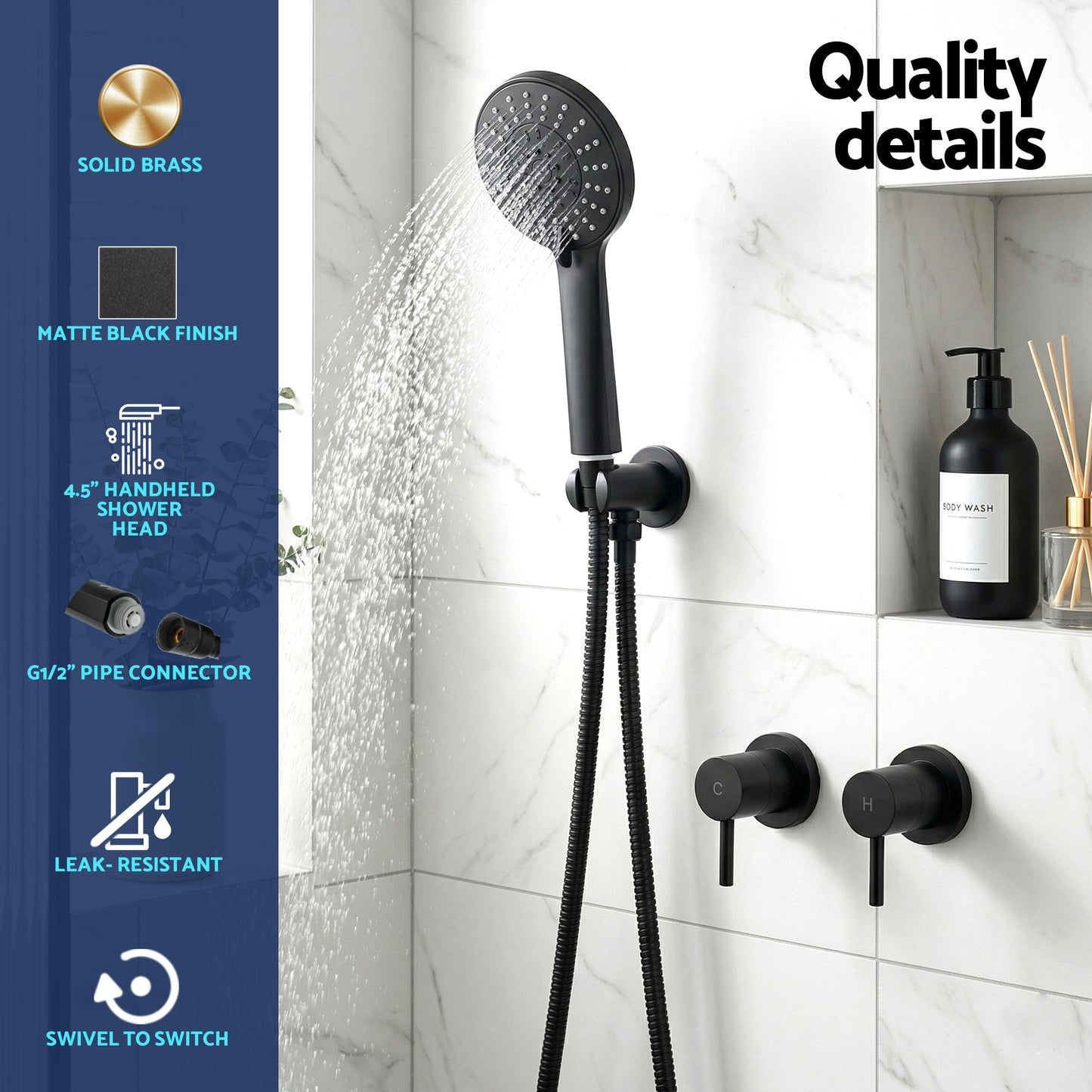 4.5" Handheld Shower Head Round with Wall Twin Swivel Bathroom Tap