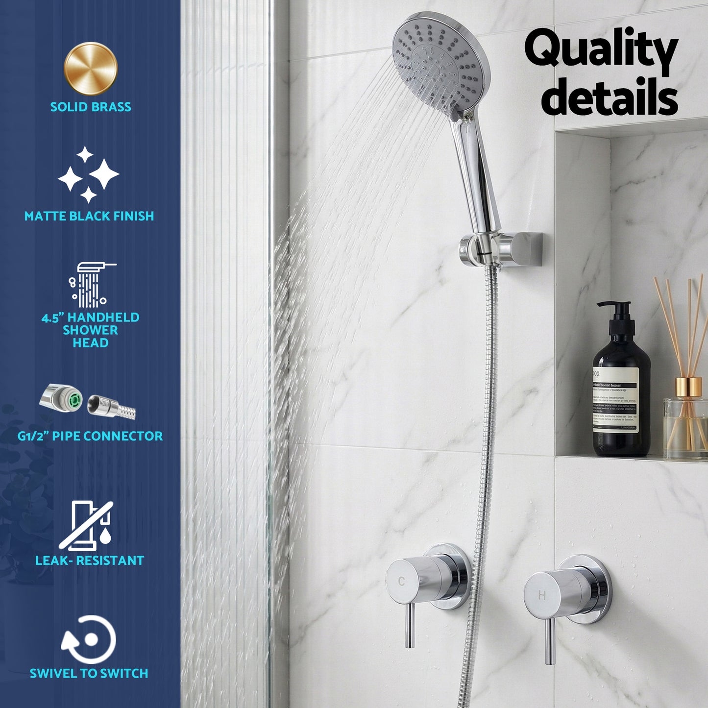 4.5" Handheld Shower Head Round with Wall Twin Swivel Bathroom Tap Silver