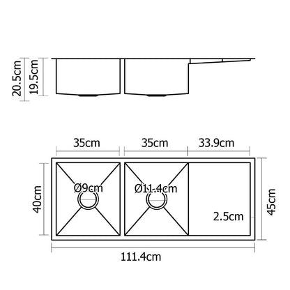 Kitchen Sink 111X45CM Stainless Steel Basin Double Bowl Silver