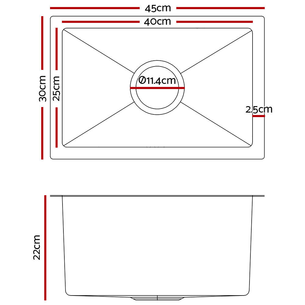 Kitchen Sink 45X30CM Stainless Steel Basin Single Bowl Silver