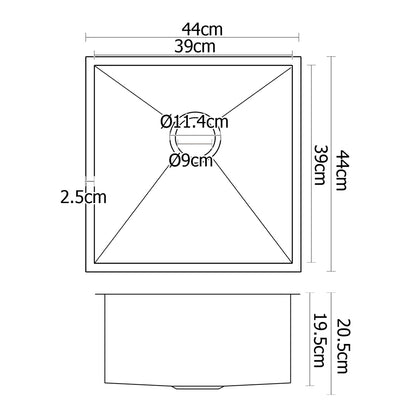 Kitchen Sink 44X44CM Stainless Steel Basin Single Bowl Silver