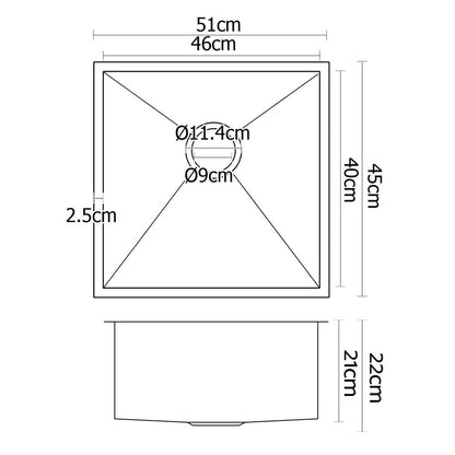 Kitchen Sink 51X45CM Stainless Steel Basin Single Bowl Silver