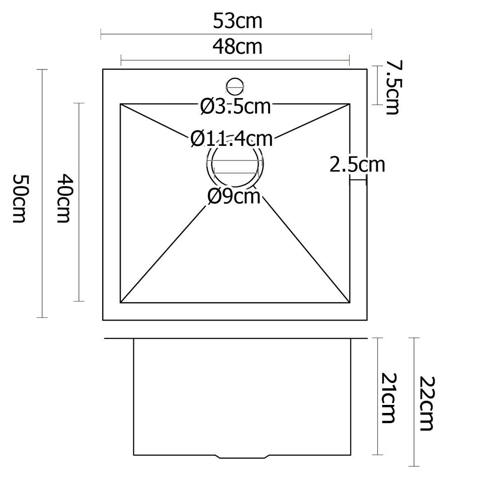 Kitchen Sink 53X50CM Stainless Steel Basin Single Bowl Silver