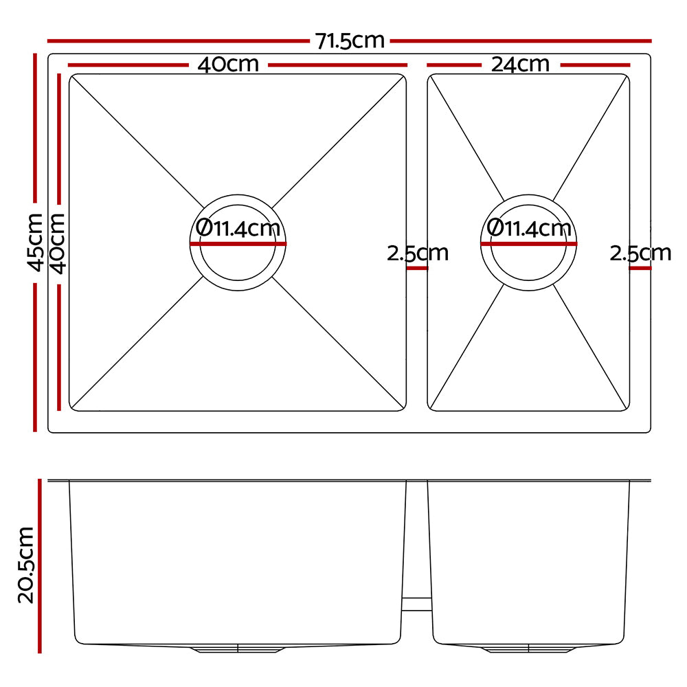 Kitchen Sink 71X45CM Stainless Steel Basin Double Bowl Silver