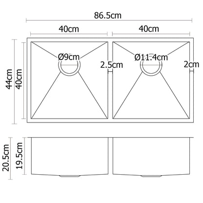 Kitchen Sink 86X44CM Stainless Steel Basin Double Bowl Silver
