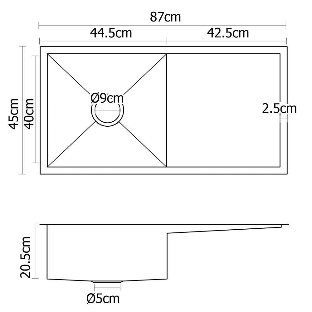 Kitchen Sink 87X45CM Stainless Steel Basin Single Bowl Silver