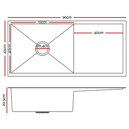 Kitchen Sink 96X45CM Stainless Steel Basin Single Bowl Silver