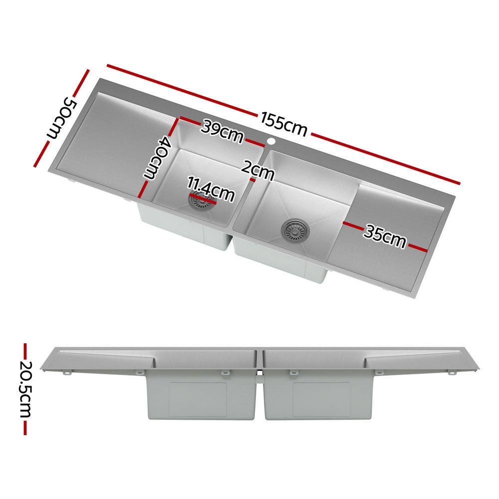 Kitchen Sink Basin Stainless Steel Under/Top/Flush Mount Bowl 155X50CM