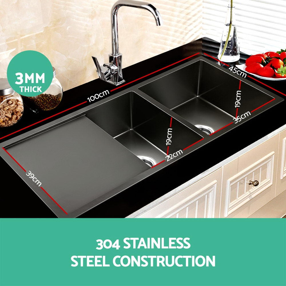 Kitchen Sink 100X45CM Stainless Steel Basin Double Bowl Nano Black