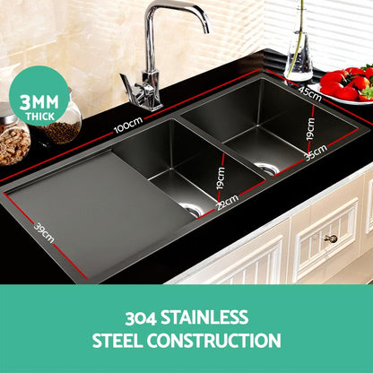 Kitchen Sink 100X45CM Stainless Steel Basin Double Bowl Nano Black