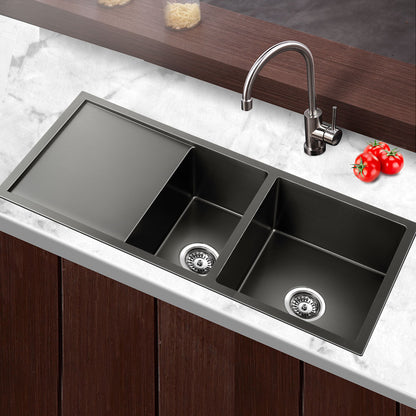 Kitchen Sink 100X45CM Stainless Steel Basin Double Bowl Nano Black