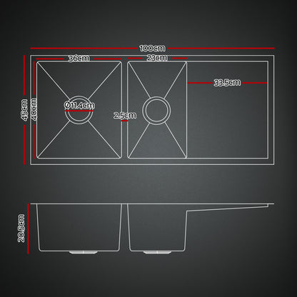 Stainless Steel Sink 100x45CM With Pull Out Mixer Tap Kitchen Basin Double Bowl Black