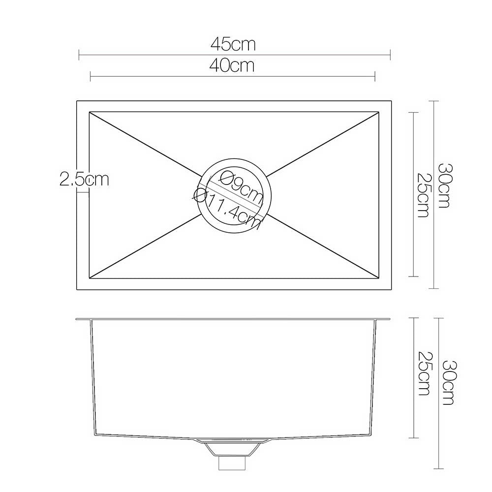 Kitchen Sink 45X30CM Stainless Steel Basin Single Bowl Black