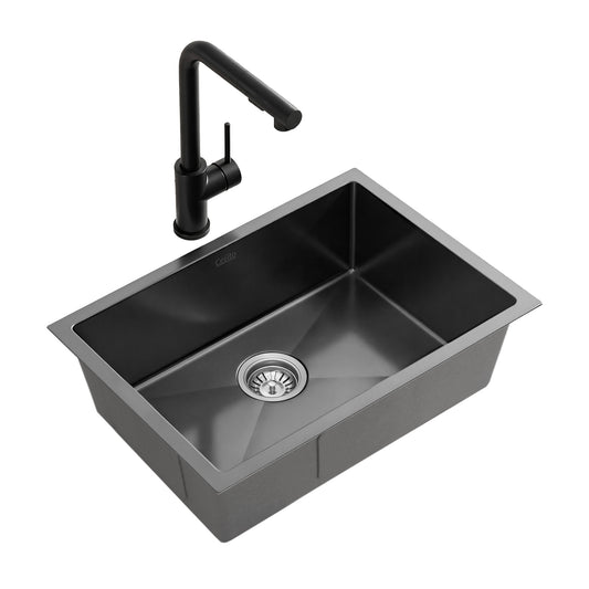 Stainless Steel Sink 30x45CM With Pull Out Mixer Tap Kitchen Basin Single Bowl Black