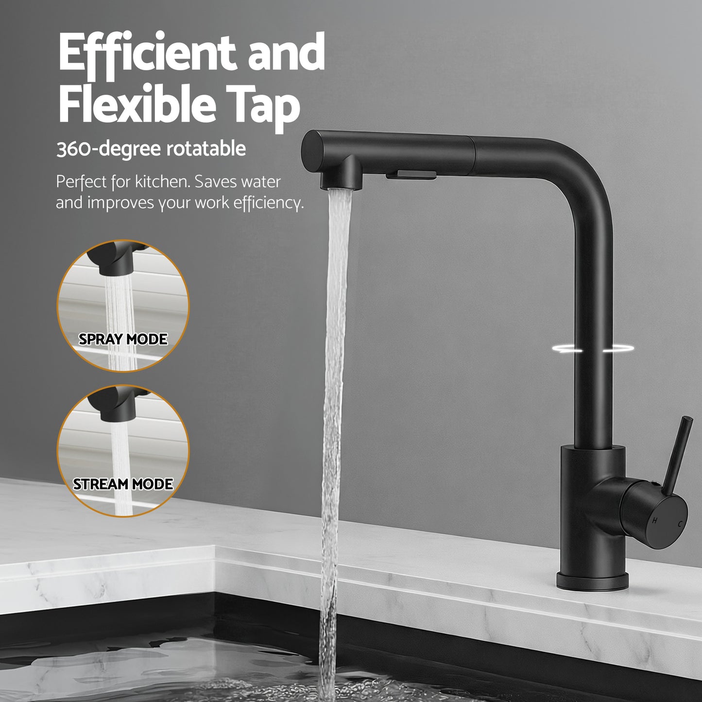 Stainless Steel Sink 30x45CM With Pull Out Mixer Tap Kitchen Basin Single Bowl Black