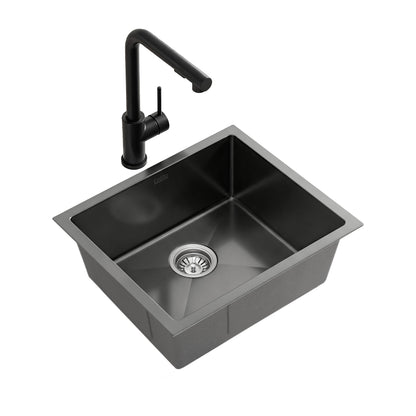 Stainless Steel Sink 44x44CM With Pull Out Mixer Tap Kitchen Basin Single Bowl Black