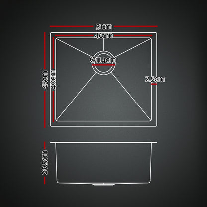 Stainless Steel Sink 51x45CM With Pull Out Mixer Tap Kitchen Single Bowl Black