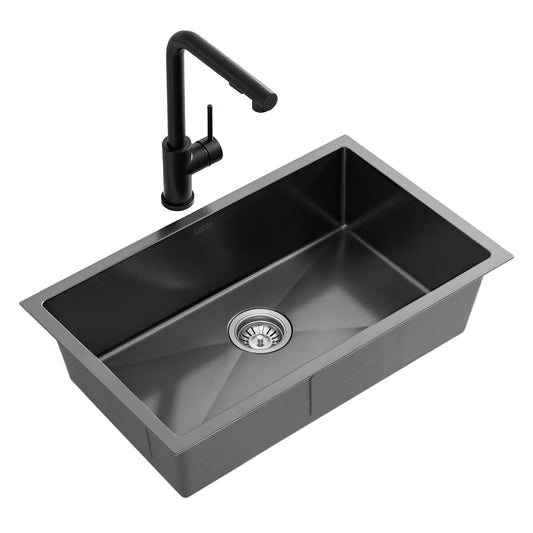 Stainless Steel Sink 60x45CM With Pull Out Mixer Tap Kitchen Basin Single Bowl Black