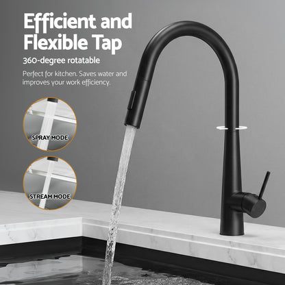 Stainless Steel Sink 70x45CM With Pull Out Mixer Tap Kitchen Basin Single Bowl Black