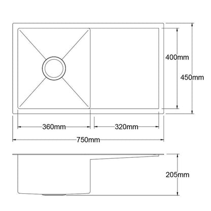 Kitchen Sink 75X45CM Stainless Steel Basin Single Bowl Black