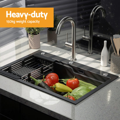 Kitchen Sink 75X45CM Stainless Steel Basin Single Bowl Drain Part Black