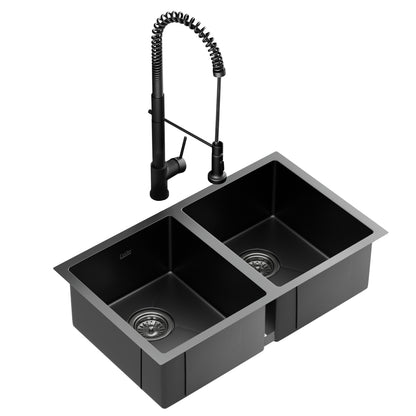 Stainless Steel Sink 77x45CM With Pull Out Mixer Tap Kitchen Double Bowl Black