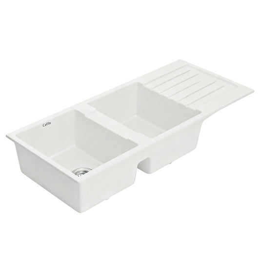 Kitchen Sink 116x50cm Granite Stone Sink Double Bowl White
