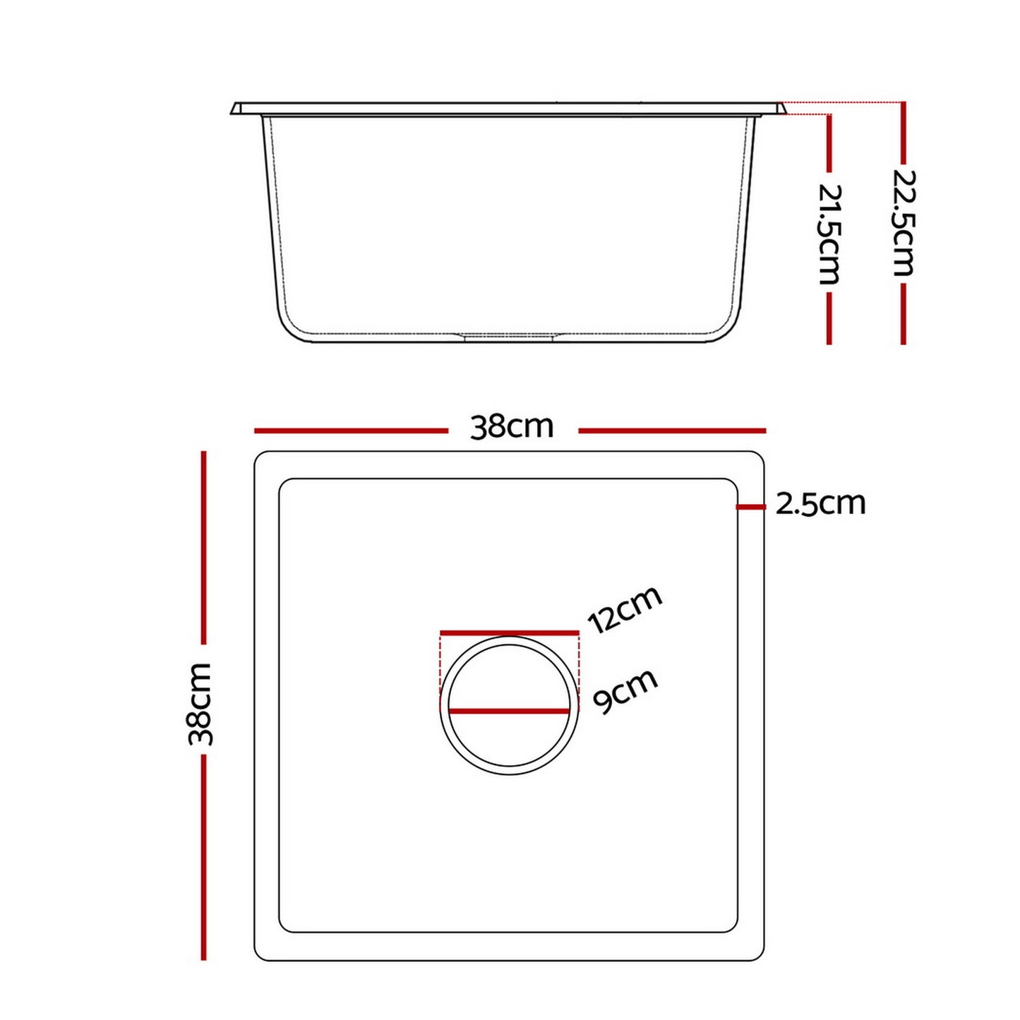 Kitchen Sink 38x38cm Granite Stone Sink Single Bowl Black