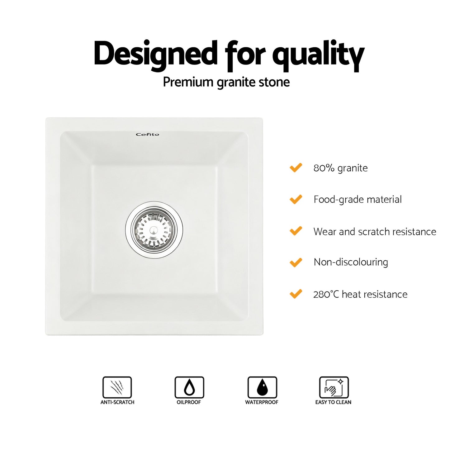 Kitchen Sink 38x38cm Granite Stone Sink Single Bowl White