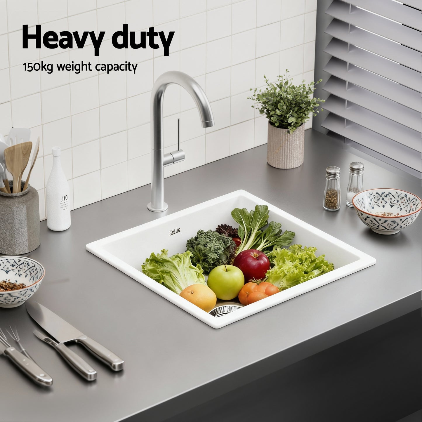 Kitchen Sink 45x45cm Granite Stone Sink Single Bowl White