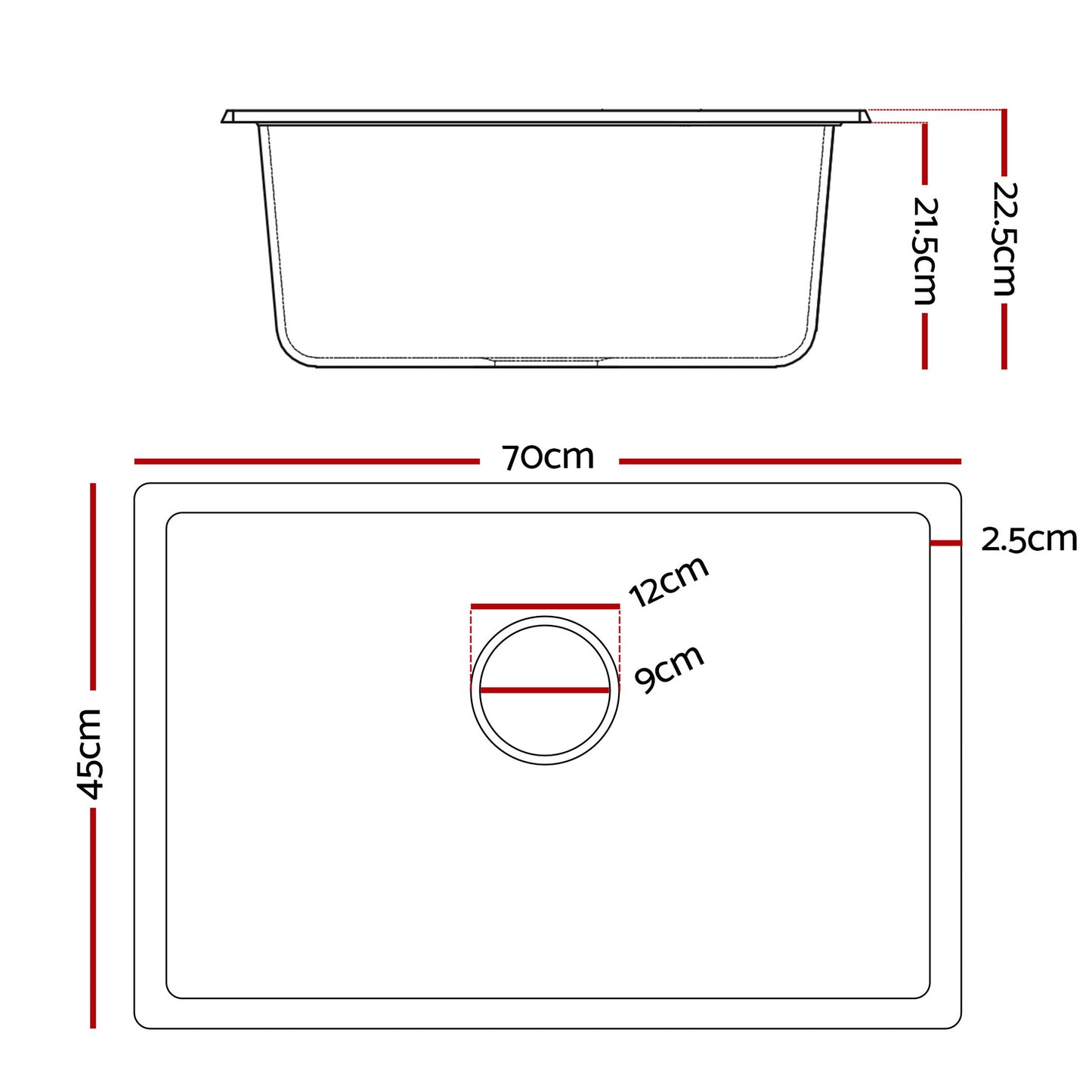 Kitchen Sink 70x45cm Granite Stone Sink Single Bowl Black